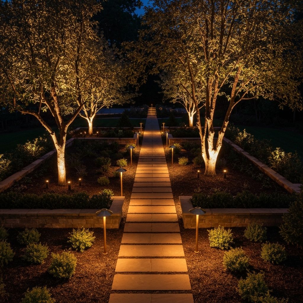 Beautiful landscape lighting illuminating a garden pathway