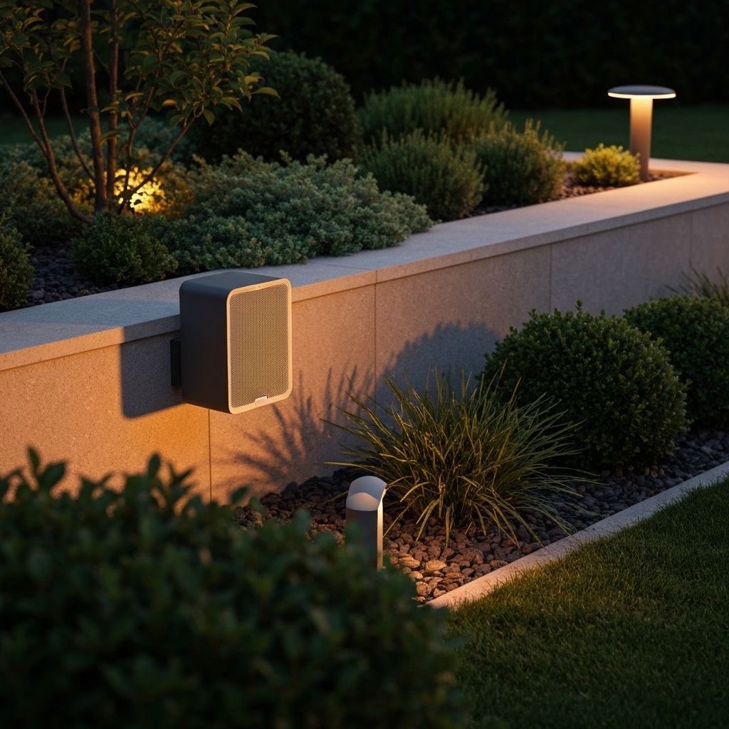 Premium outdoor speaker installed in a garden setting
